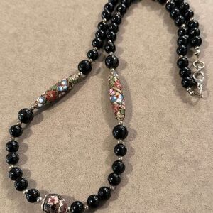Vintage Art Deco Cloisonné Black Beaded Necklace